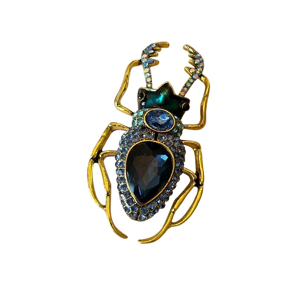 Vintage Rhinestone Jeweled Beetle Scarab Brooch Gold Tone Figural